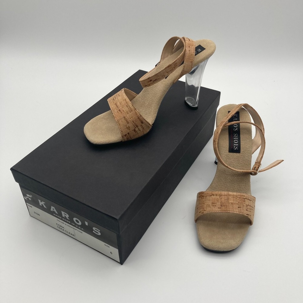 Karo's Shoes Cork Tera Clear Lucite Heels Vintage 90s Y2K Handmade USA Size 6